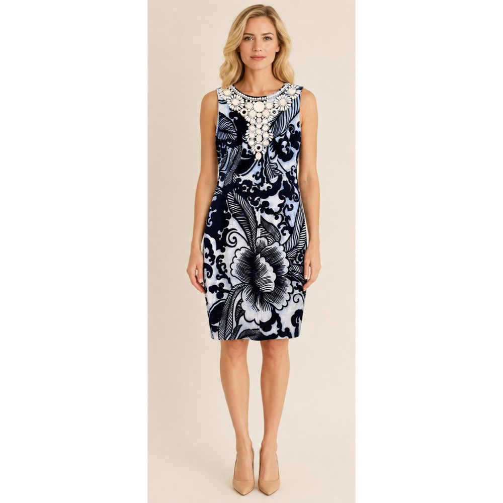 Milly of New York Dress Navy Floral Embellished Sheath Bergdorf Goodman Size 6